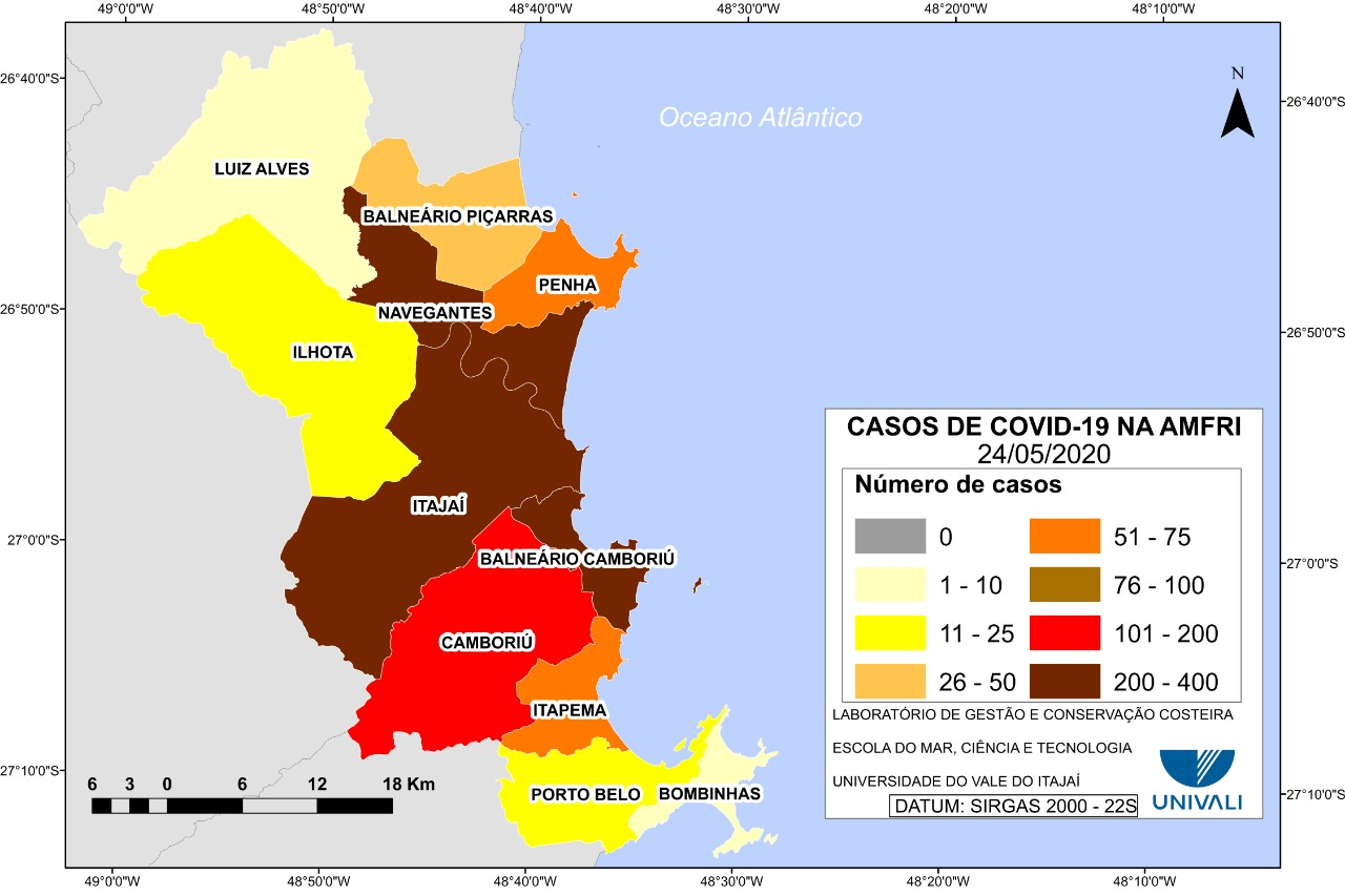 Número de casos acumulados da COVID 19 nos municípios da Macrorregião da Foz do Rio Itajaí (AMFRI).