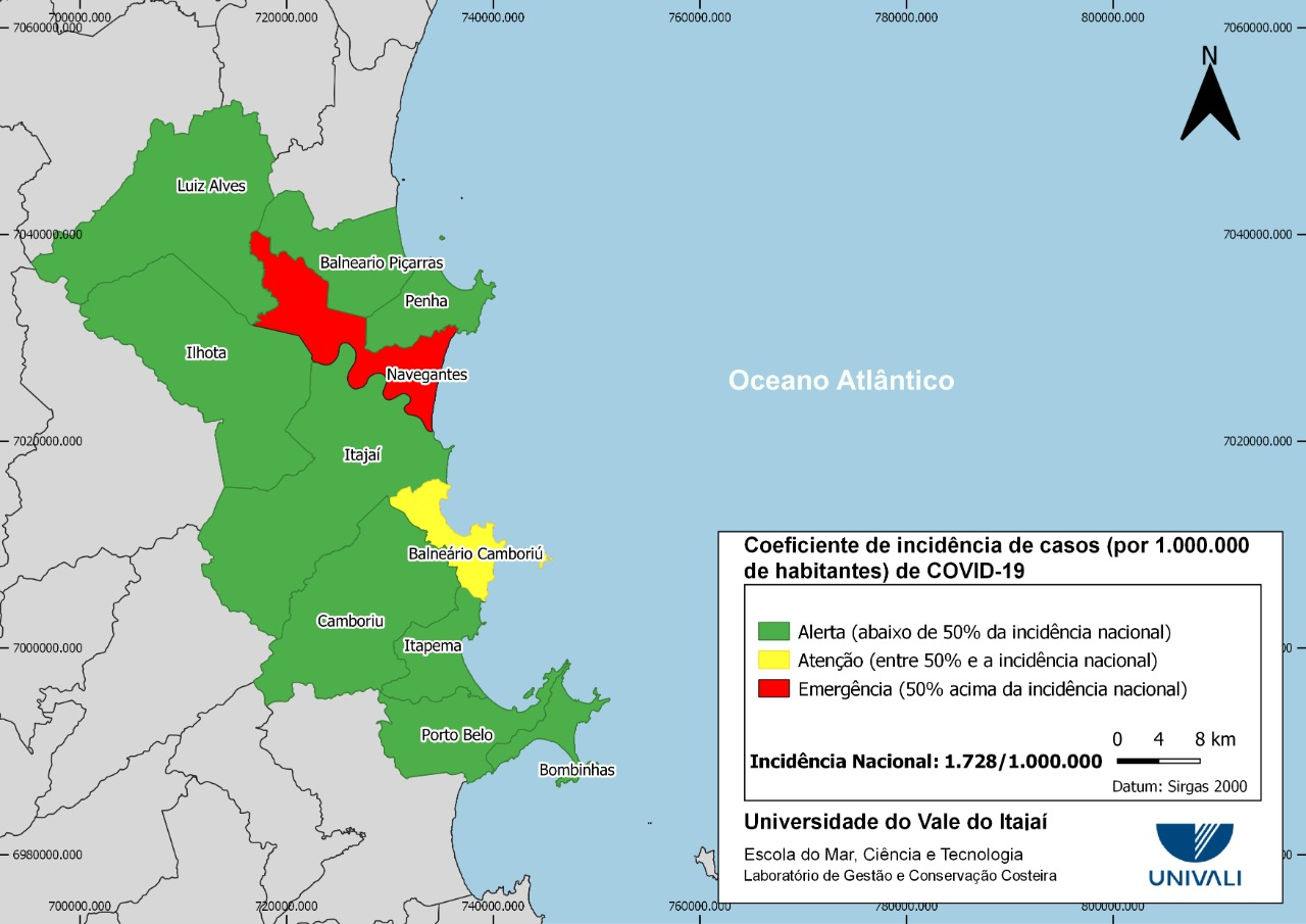 Coeficiente de incidência de casos da Covid-19 por 1.000.000 de habitantes nos municípios da Macrorregião da Foz do Rio Itajaí (AMFRI).