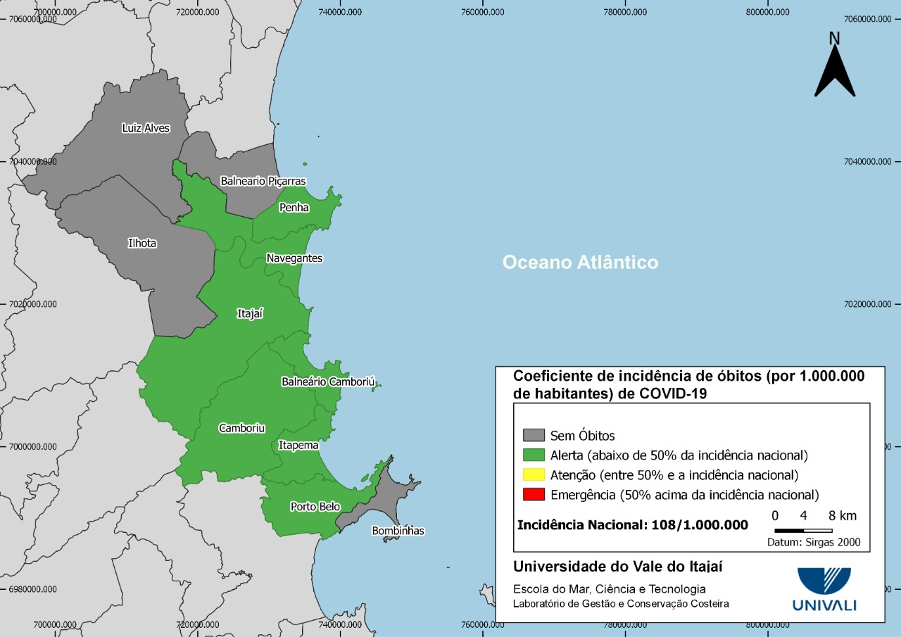 Coeficiente de óbitos em consequência da Covid-19 por 1.000.000 de habitantes nos municípios da Macrorregião da Foz do Rio Itajaí (AMFRI)