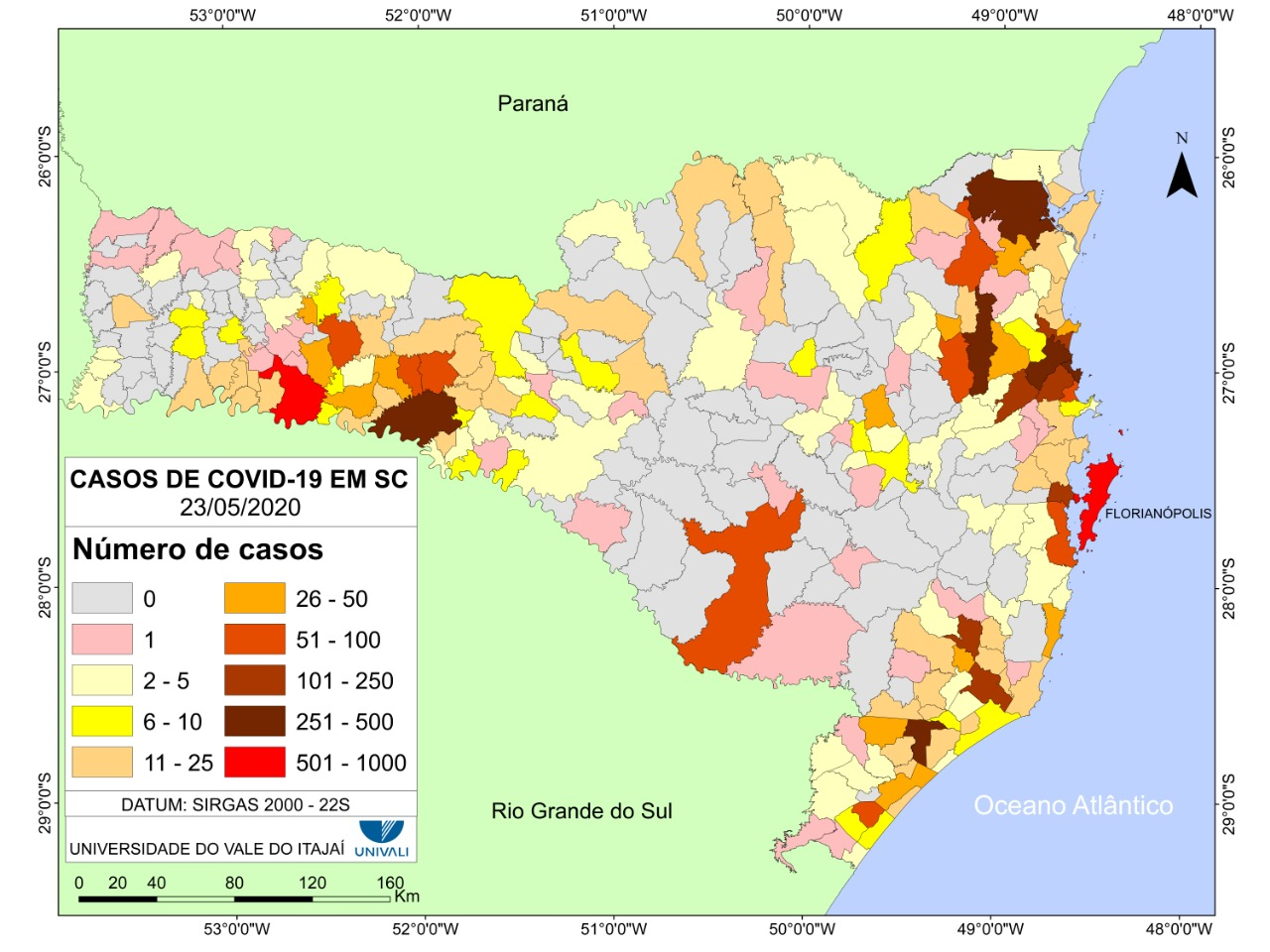 Número de casos da COVID 19 distribuídos ao longo do território de Santa Catarina até 23 de maio de 2020.